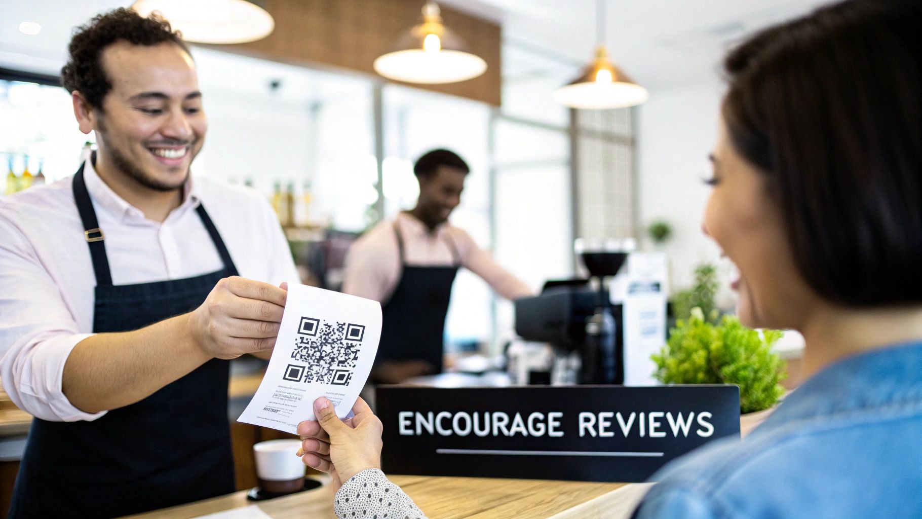 A smiling barista hands a customer a paper with a QR code for reviews, next to an 'Encourage Reviews' sign.