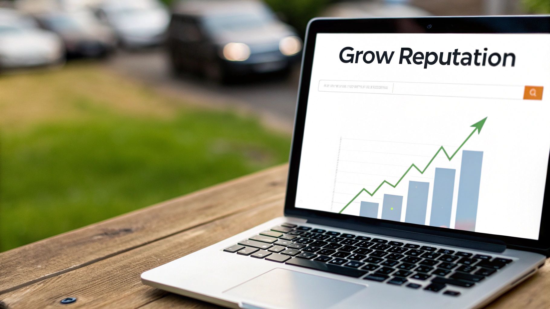 Laptop screen displaying 'Grow Reputation' with an upward trending graph, on an outdoor wooden table.