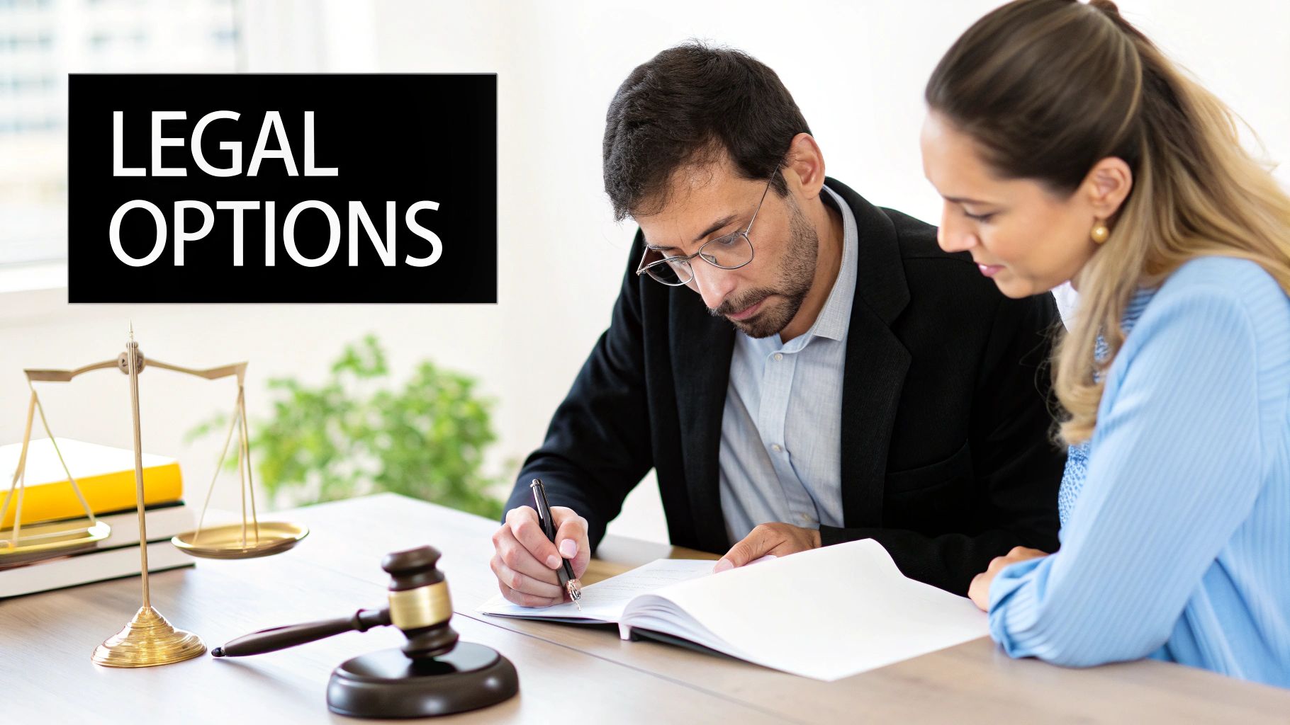 Lawyer consulting client about legal options while reviewing documents at office desk