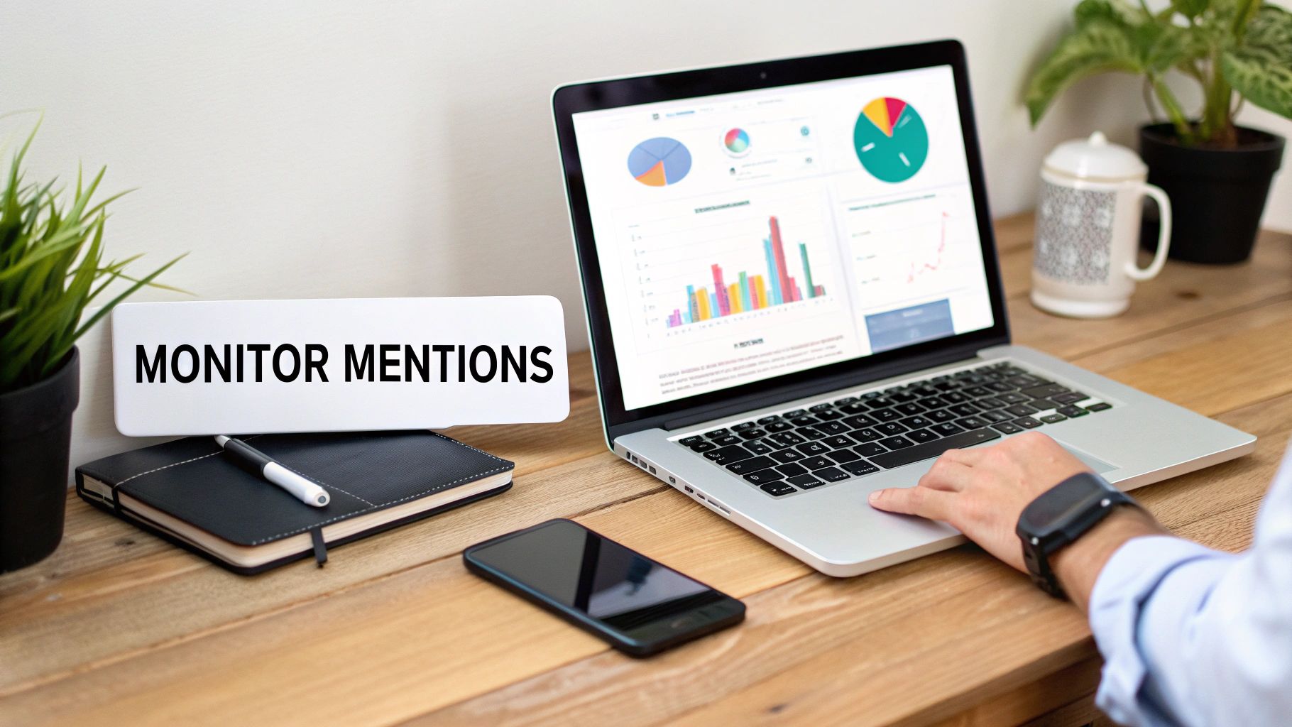 A person looking at Google Trends data on a laptop, a key tool for reputation monitoring.