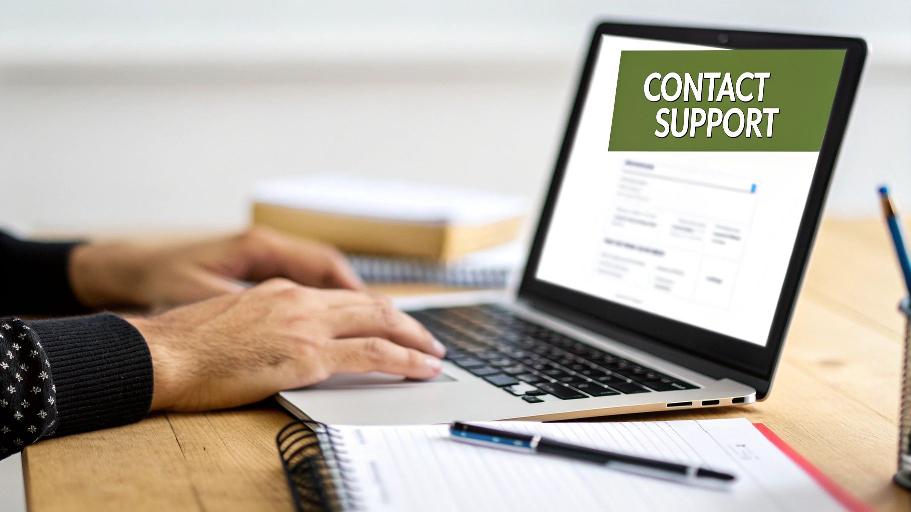 Person typing on a laptop with 'CONTACT SUPPORT' displayed prominently on the screen.