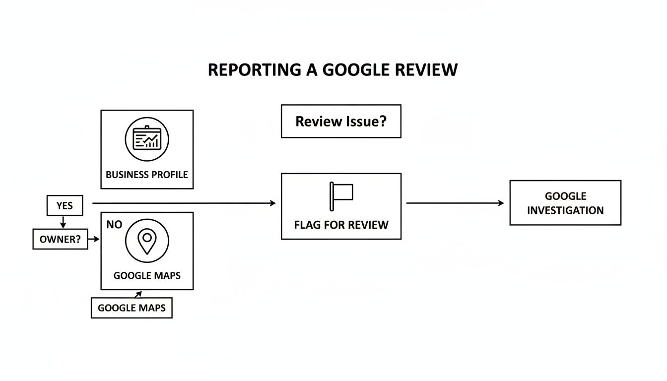 Flowchart detailing the steps to report a Google review for investigation.