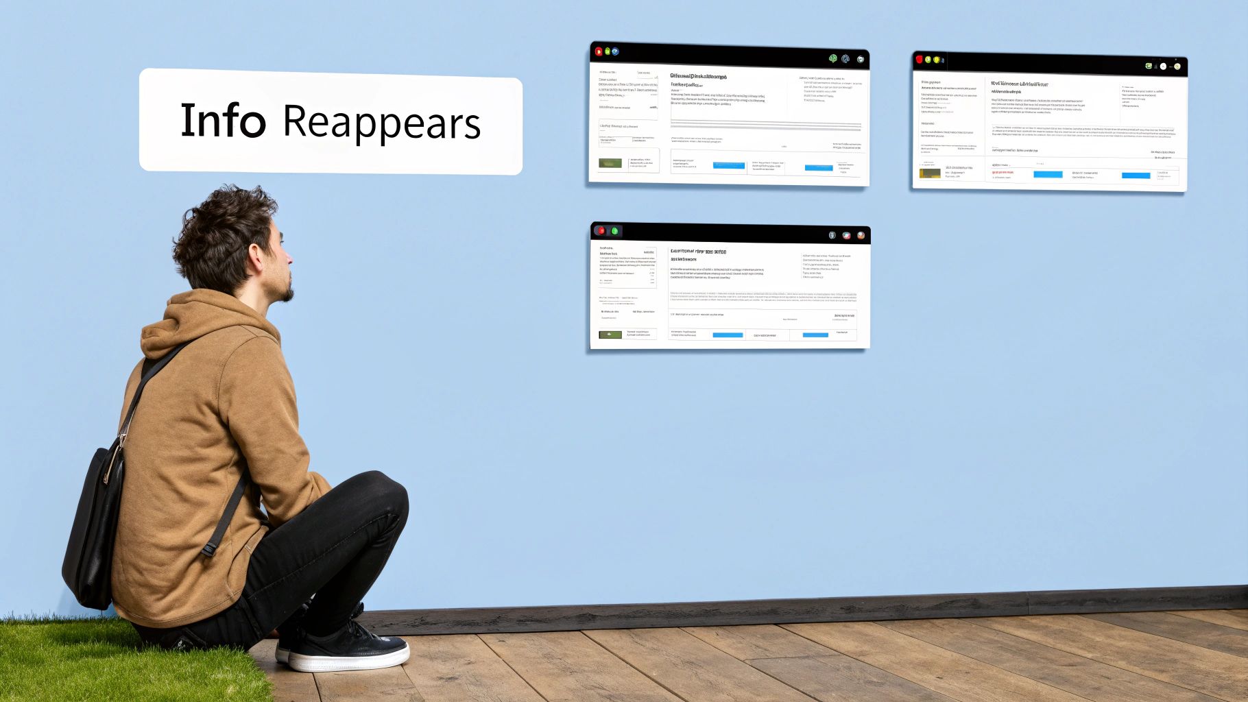 A person looking at a magnifying glass over a computer screen, symbolizing the recurring nature of data exposure.