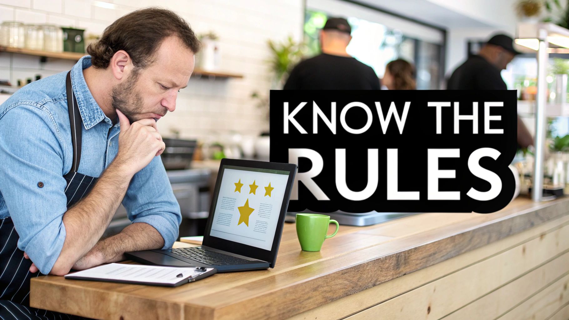 Concerned business owner in an apron reviews customer feedback on a laptop, with 'KNOW THE RULES' overlay.