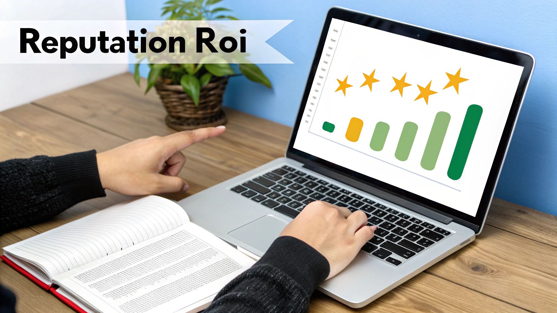 Person pointing at a laptop screen displaying a 'Reputation Roi' banner and a bar chart with stars.