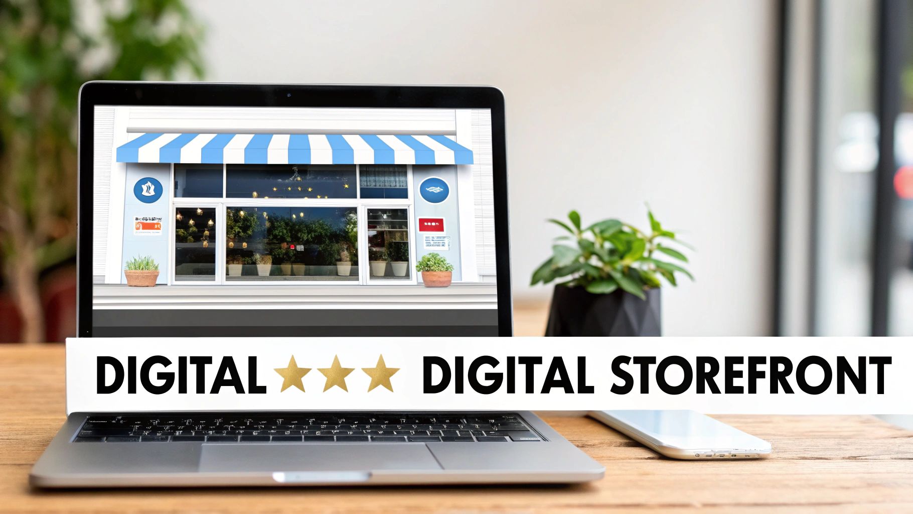 Laptop displaying digital storefront with blue awning representing online business reputation management