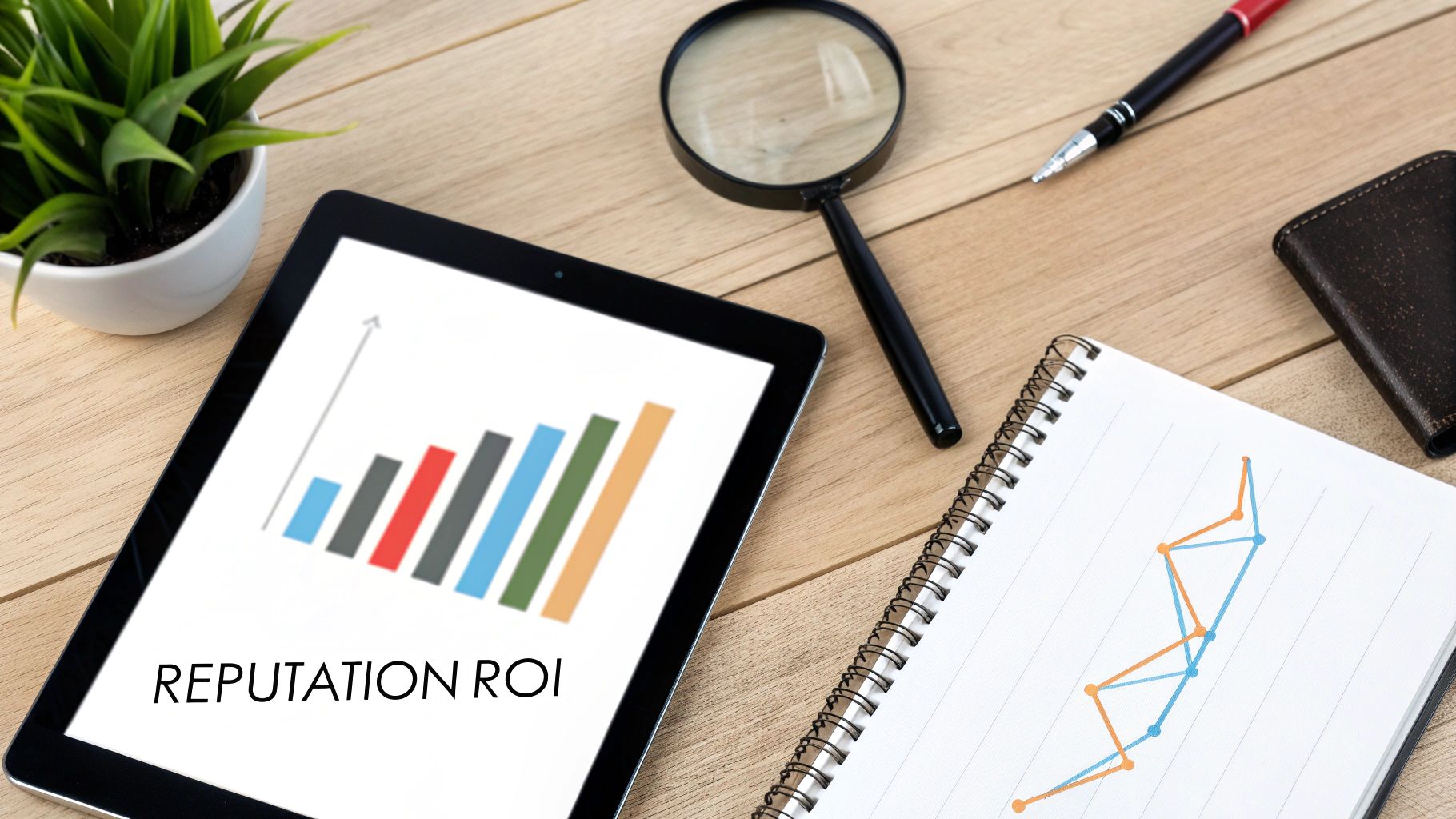 Tablet showing 'REPUTATION ROI' with a bar graph, alongside a notebook and magnifying glass on a wooden desk.