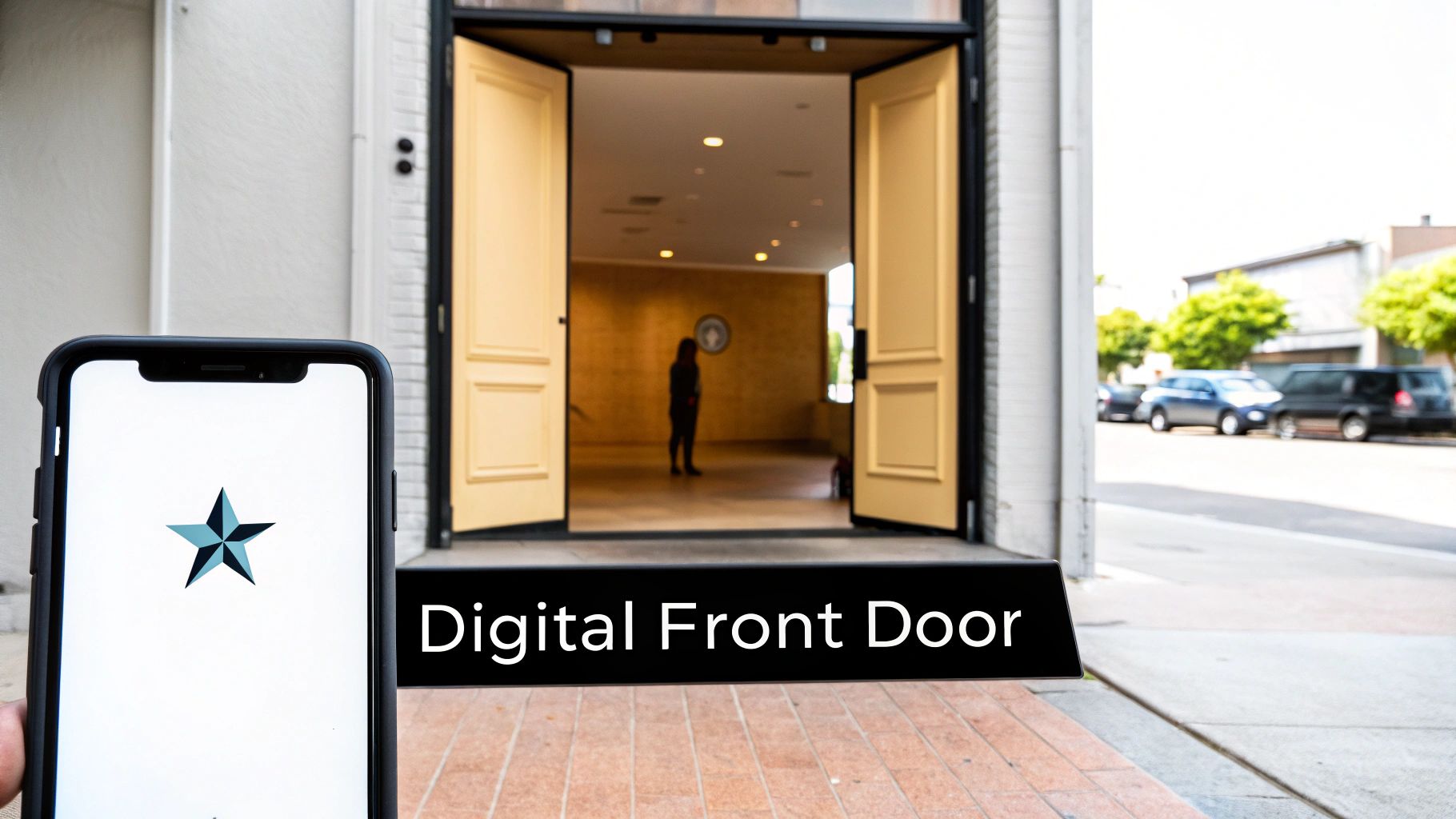 Smartphone displaying star logo app next to modern building entrance with digital front door text overlay