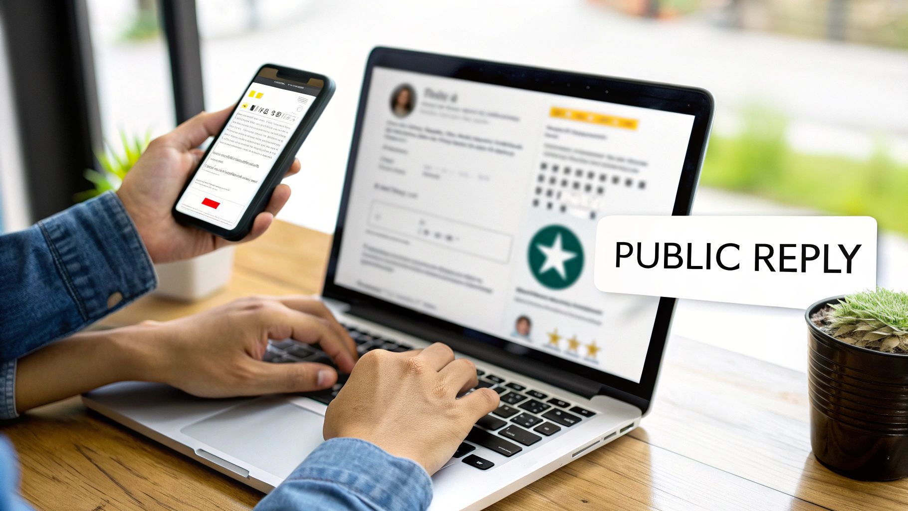 A person typing a thoughtful response on a laptop, showing customer service in action.