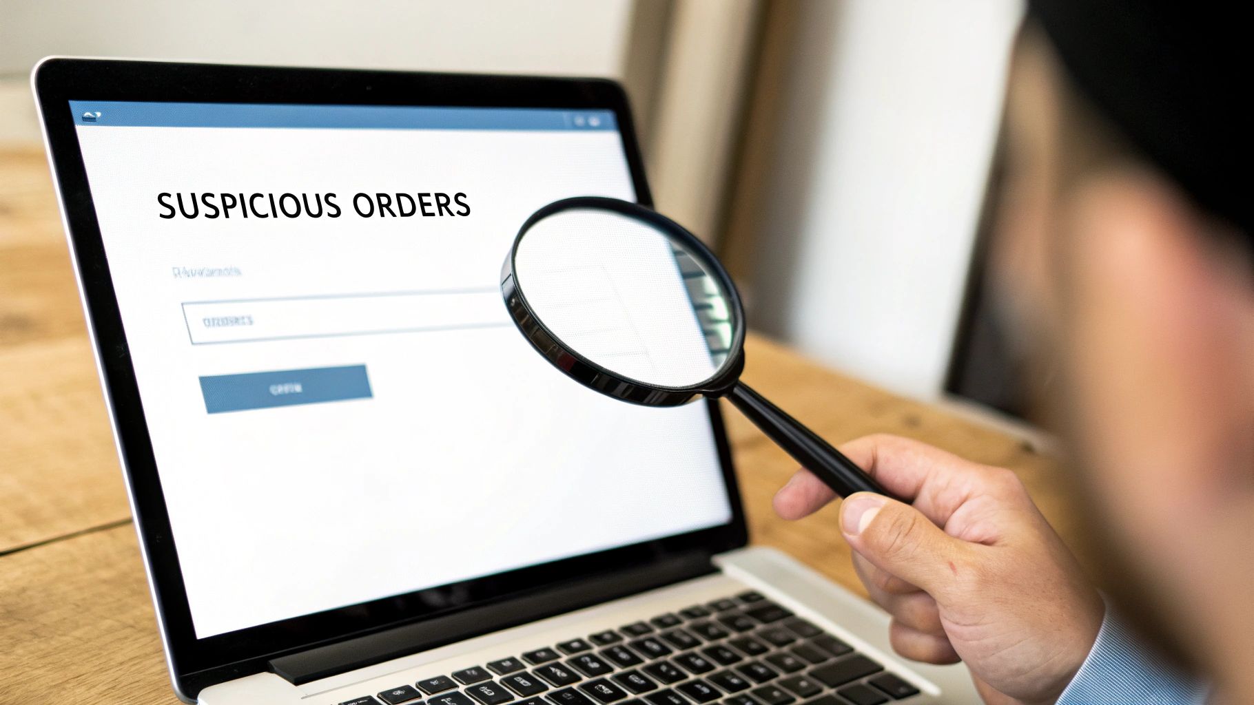 A person inspects 'SUSPICIOUS ORDERS' on a laptop screen with a magnifying glass.