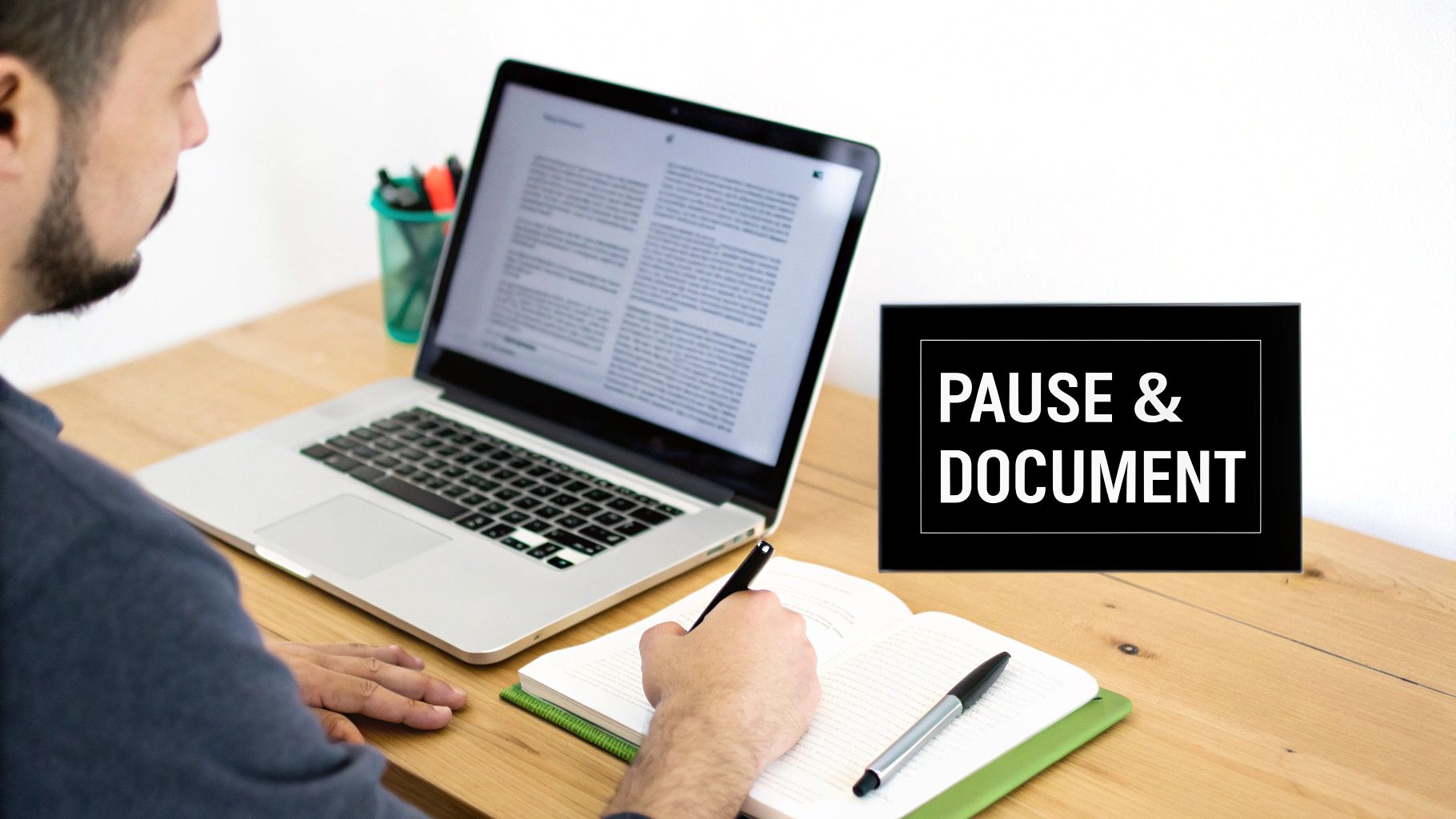 A man at a wooden desk with a laptop, writing in a notebook next to a "PAUSE & DOCUMENT" sign.