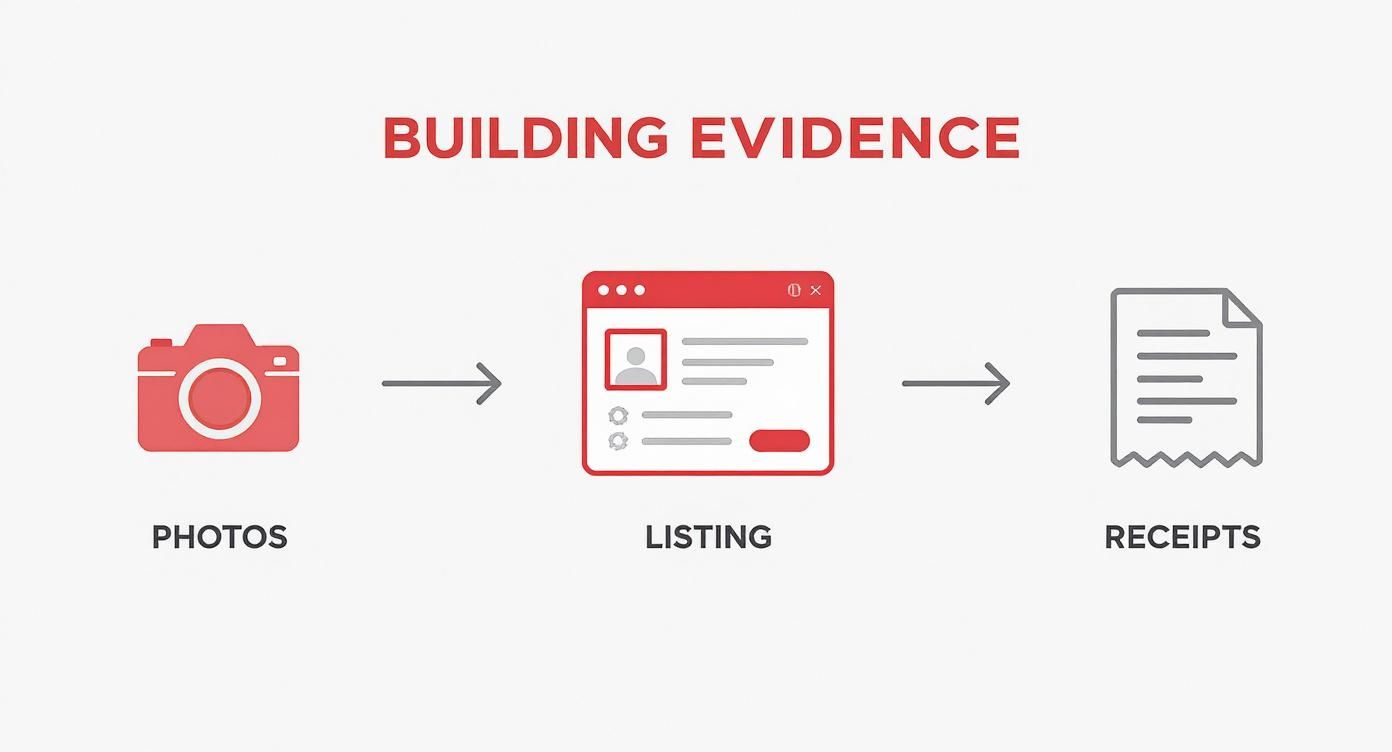Infographic detailing the process of gathering evidence to report counterfeit products, showing icons for photos, listing screenshots, and receipts.