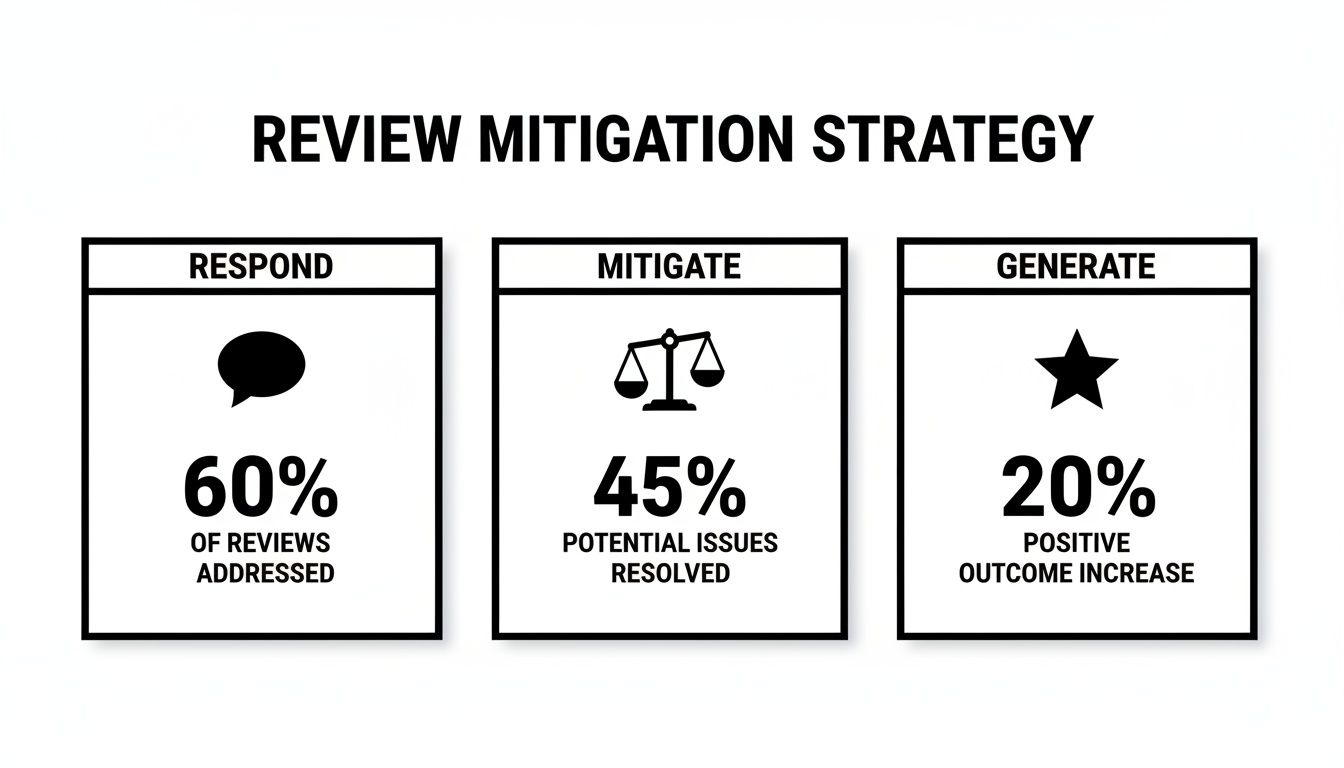 Review mitigation strategy infographic detailing steps to respond, mitigate issues, and generate positive outcomes.