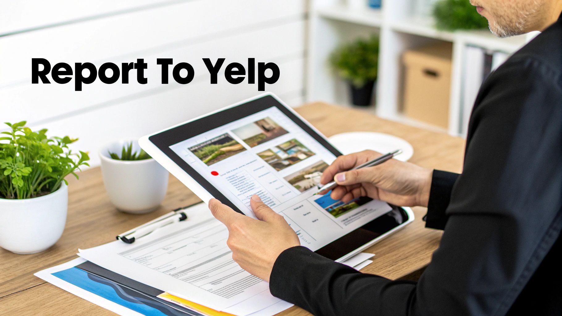 Person using a stylus on a tablet displaying online content, with "Report To Yelp" text overlay.
