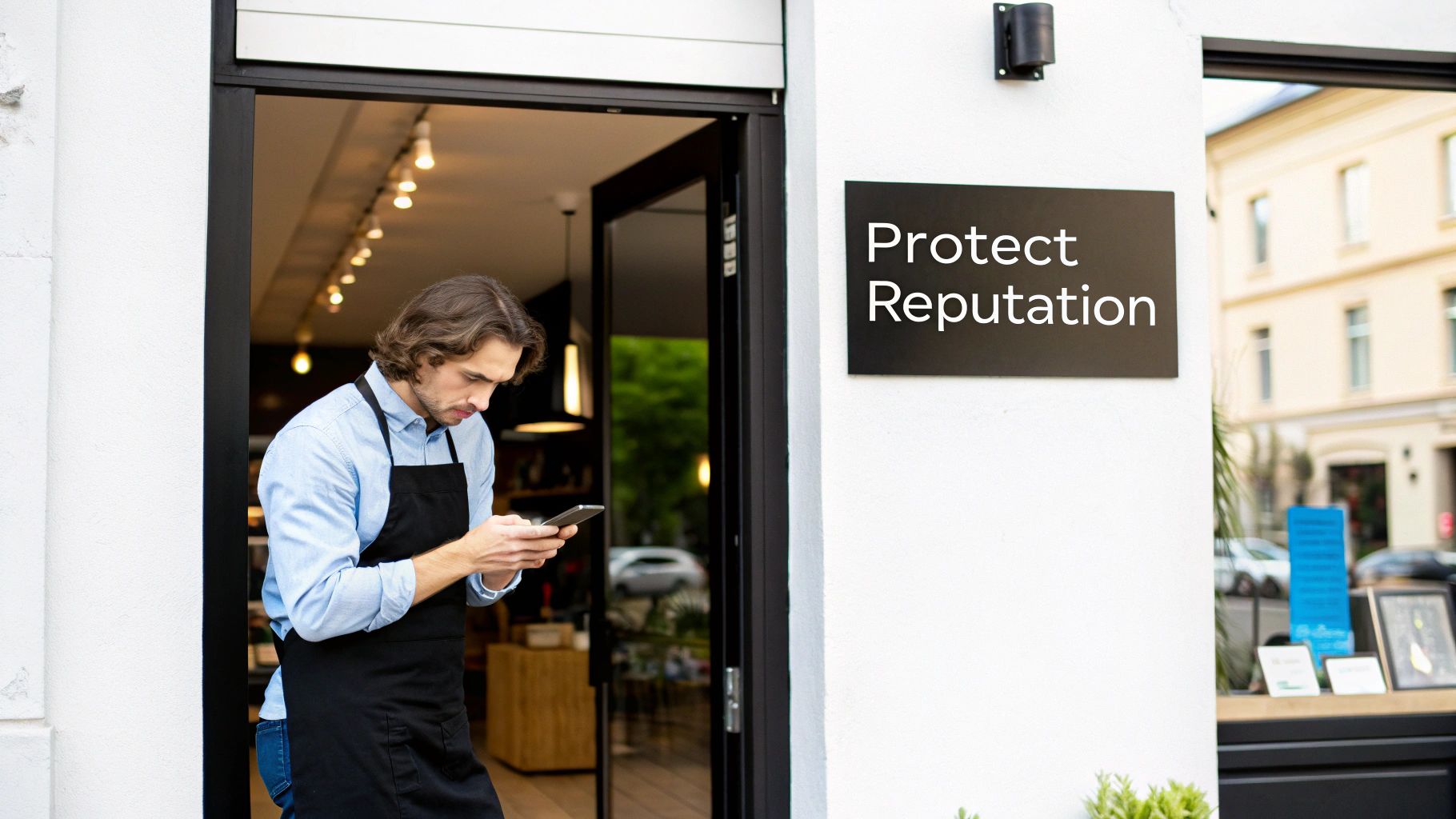 A small business owner in an apron checks his phone by the shop entrance, next to a "Protect Reputation" sign.