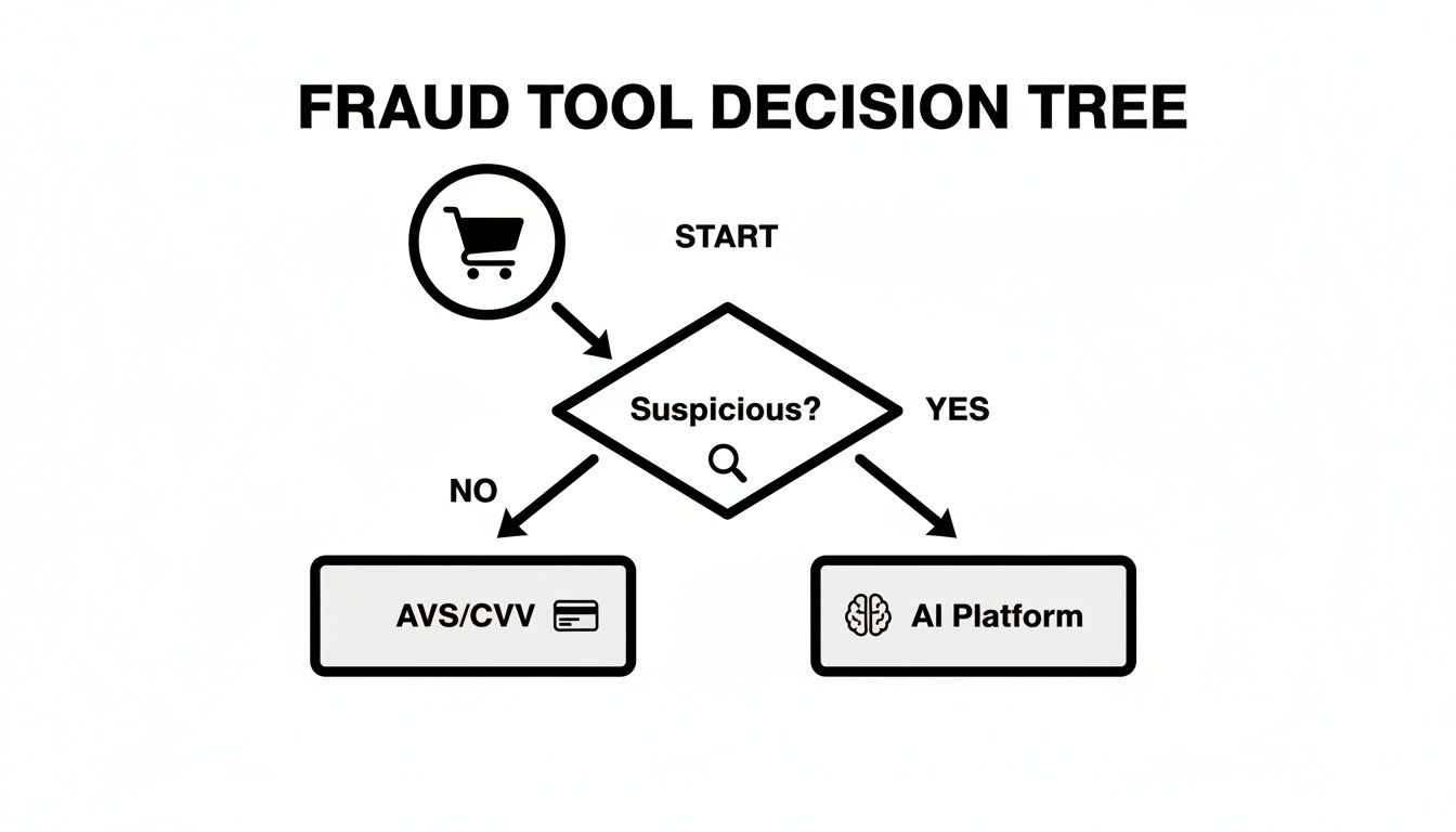 Fraud tool decision tree flowchart for e-commerce, evaluating transactions as suspicious or not.