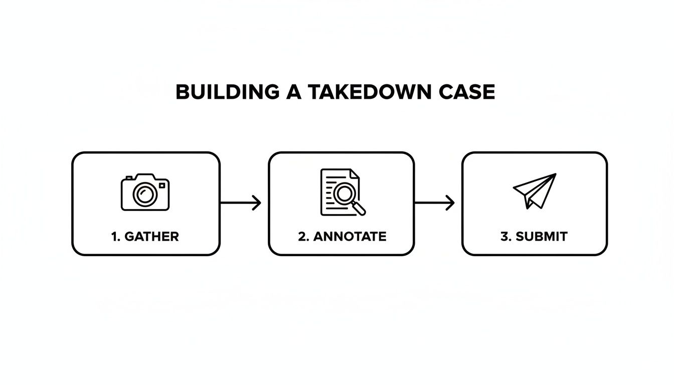 A three-step diagram outlining how to build a takedown case: Gather, Annotate, Submit.