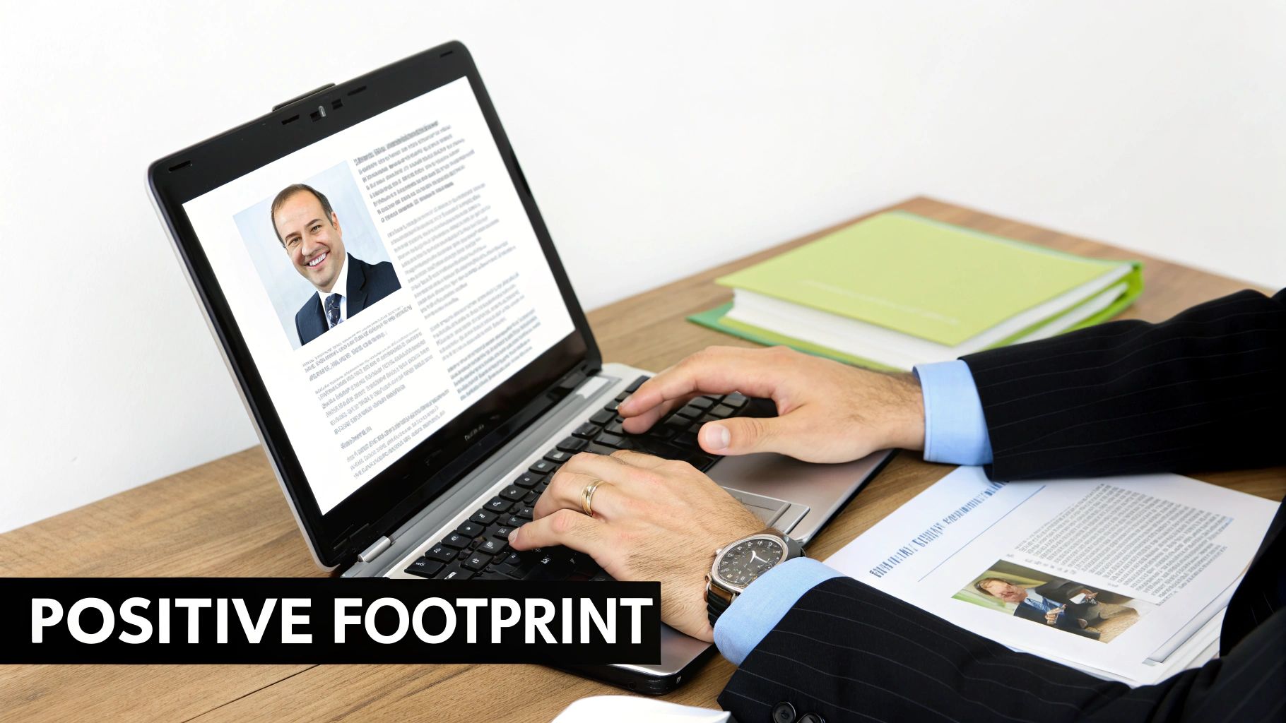 Professional businessman typing on laptop reviewing online profile and documents at desk