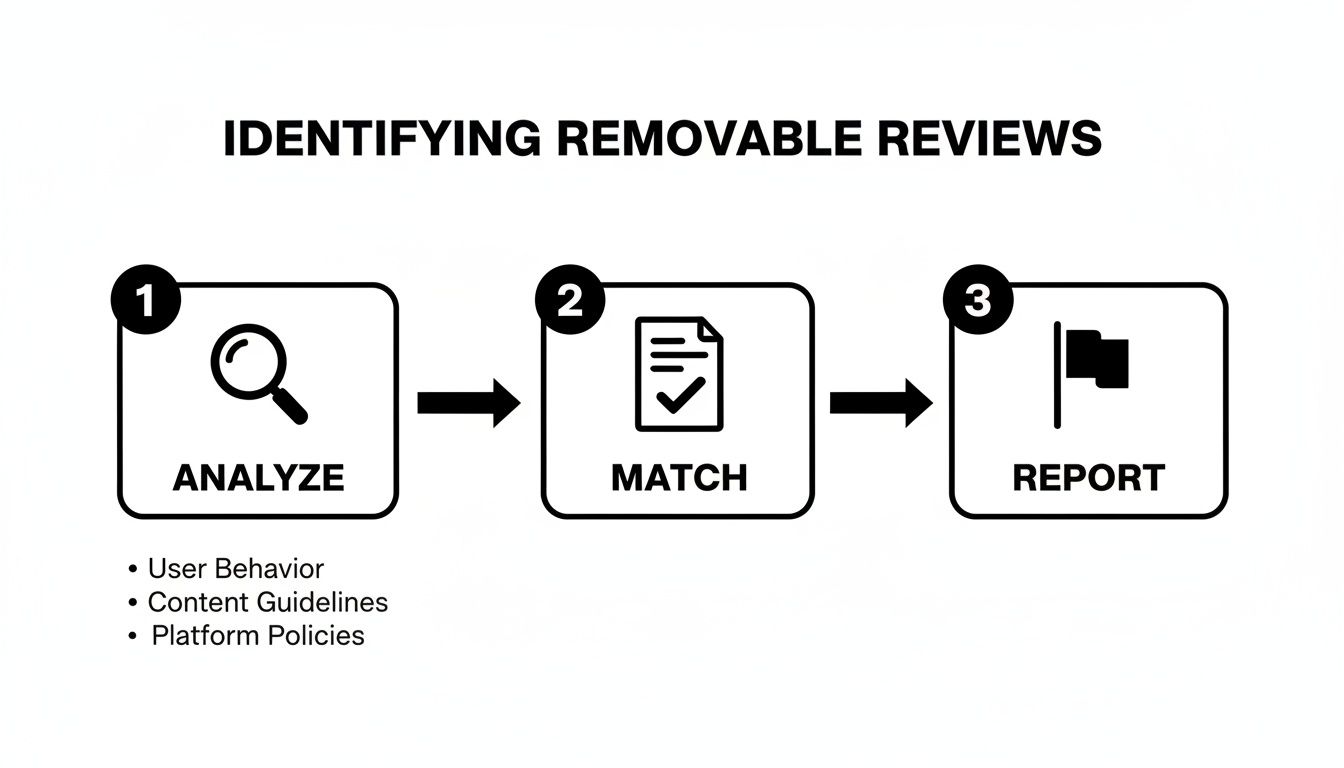 Flowchart explaining steps to identify and report removable reviews: Analyze, Match, Report.
