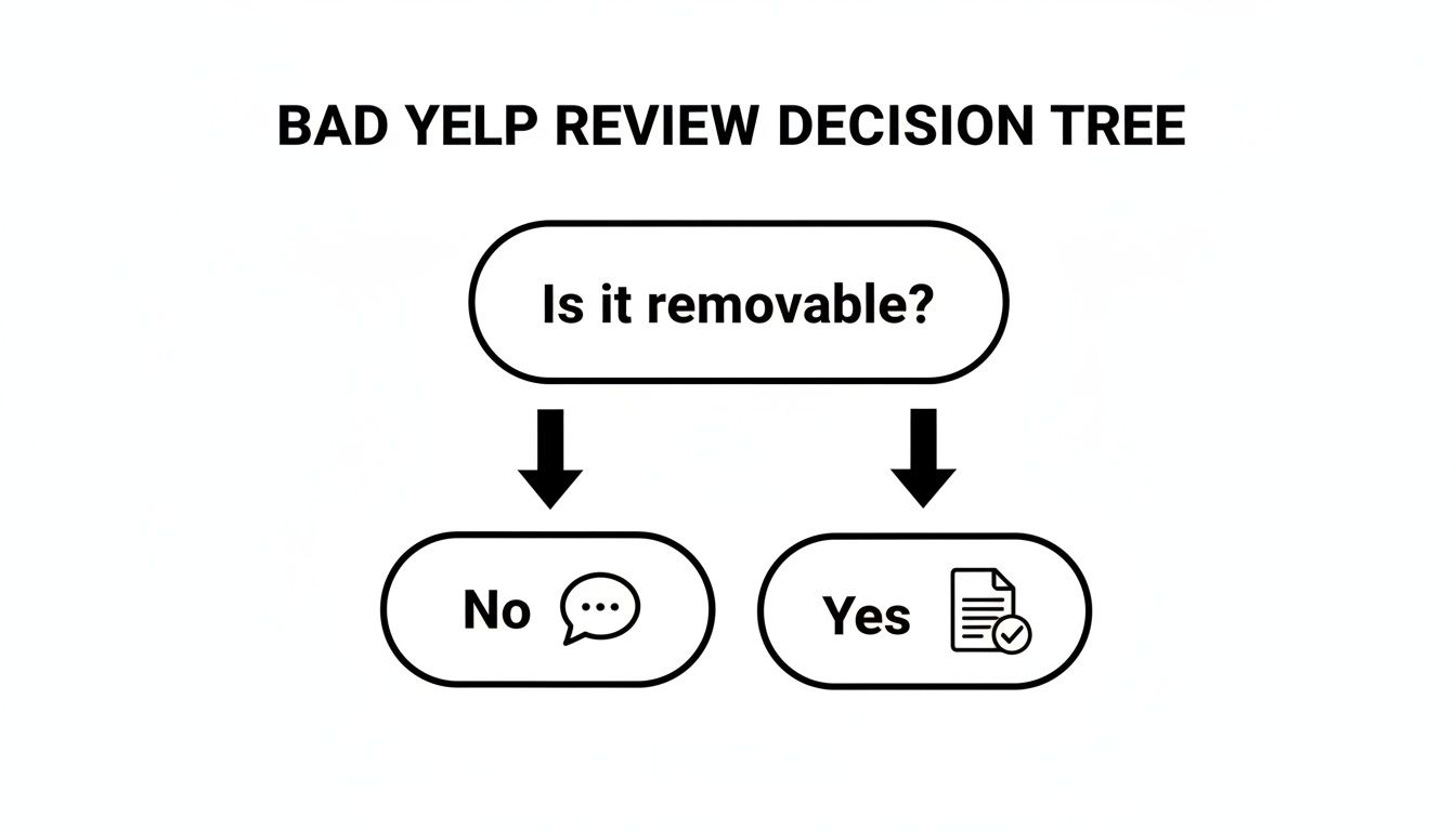 A decision tree titled 'Bad Yelp Review Decision Tree' asking 'Is it removable?' with 'Yes' and 'No' options.