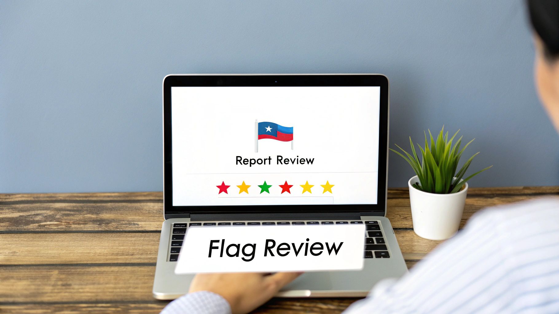 A business owner on a laptop, pointing to a negative review on their Google Business Profile.