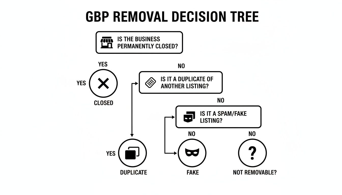 A decision tree flowchart for Google Business Profile (GBP) removal, addressing closed, duplicate, spam, and fake listings.
