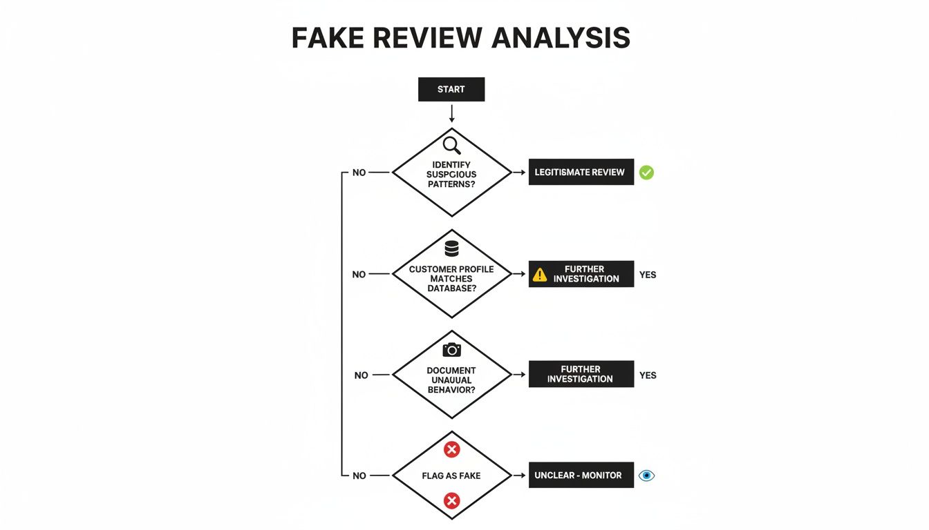 A flowchart detailing the fake review analysis process, including steps for identifying patterns and further investigation.