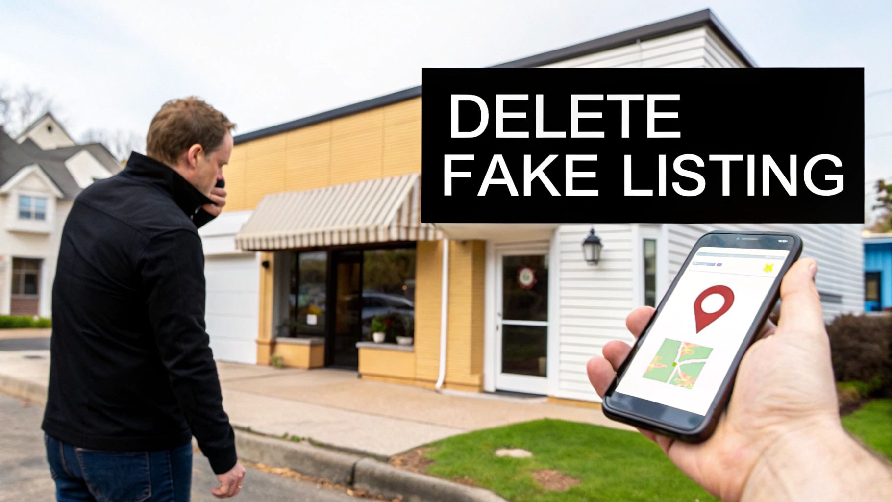 Man walking, phone displaying map with location pin, and text 'DELETE FAKE LISTING'.