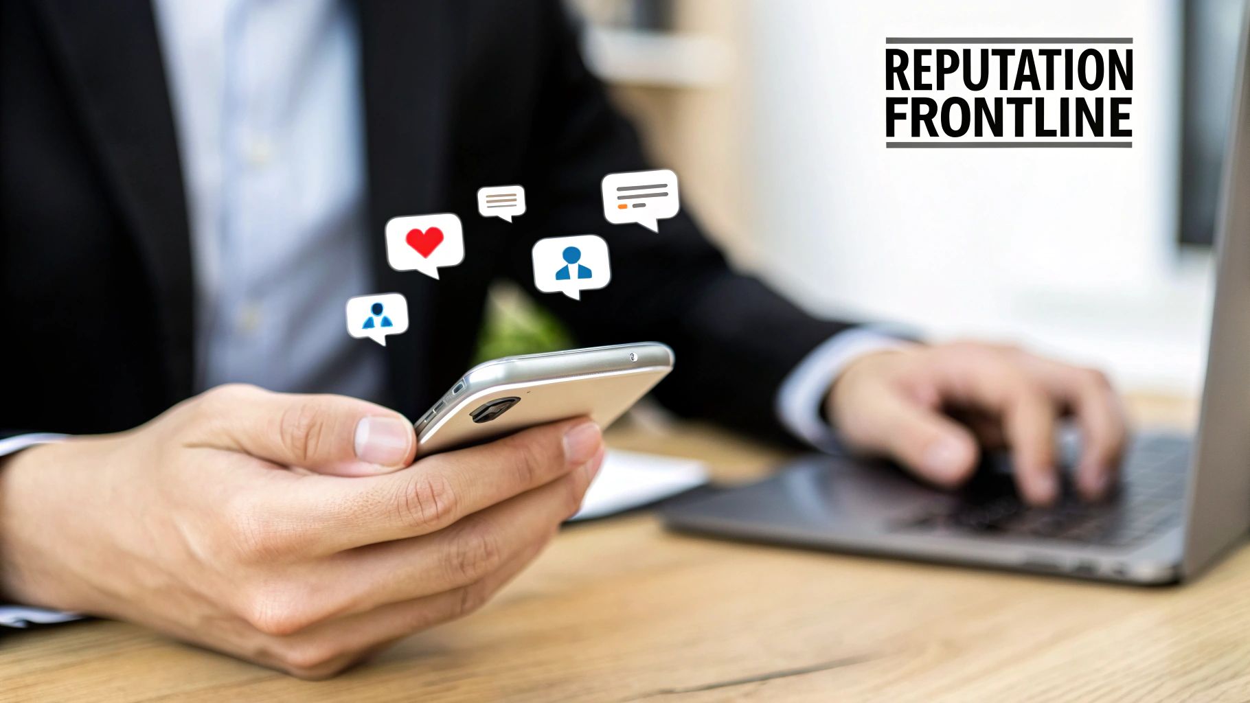 Person using a smartphone with social media icons, while typing on a laptop for online reputation management.