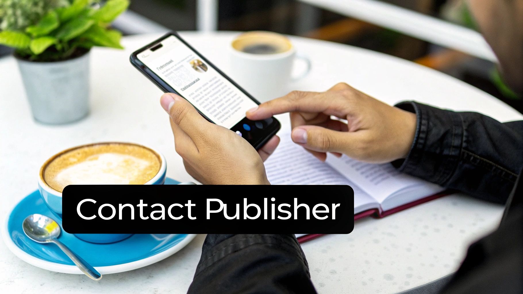 Person scrolling a smartphone at a cafe table with coffee, a book, and a 'Contact Publisher' text overlay.