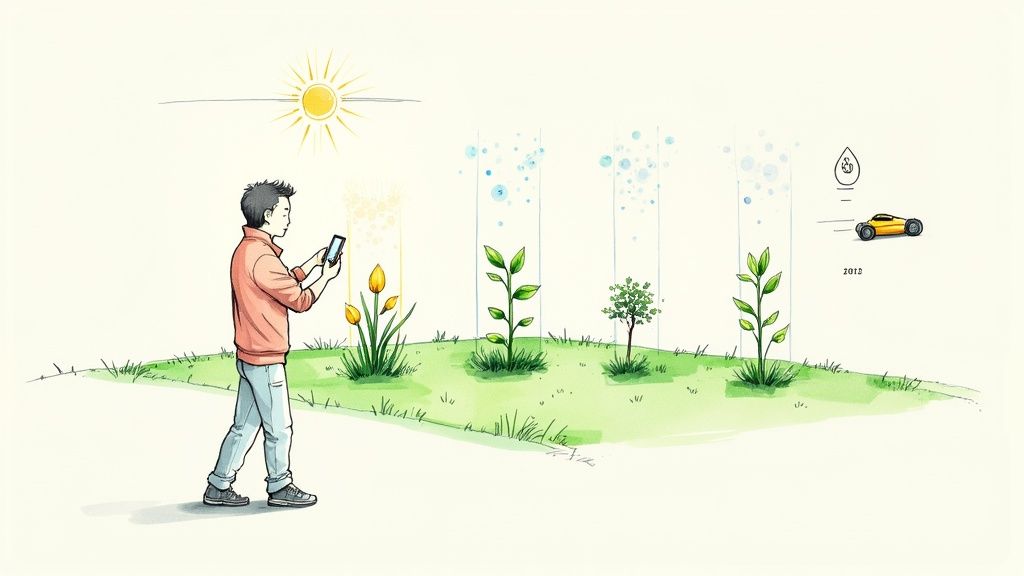 A man uses a smartphone to observe diverse plant growth stages under the sun and water elements, depicting smart landscape design.
