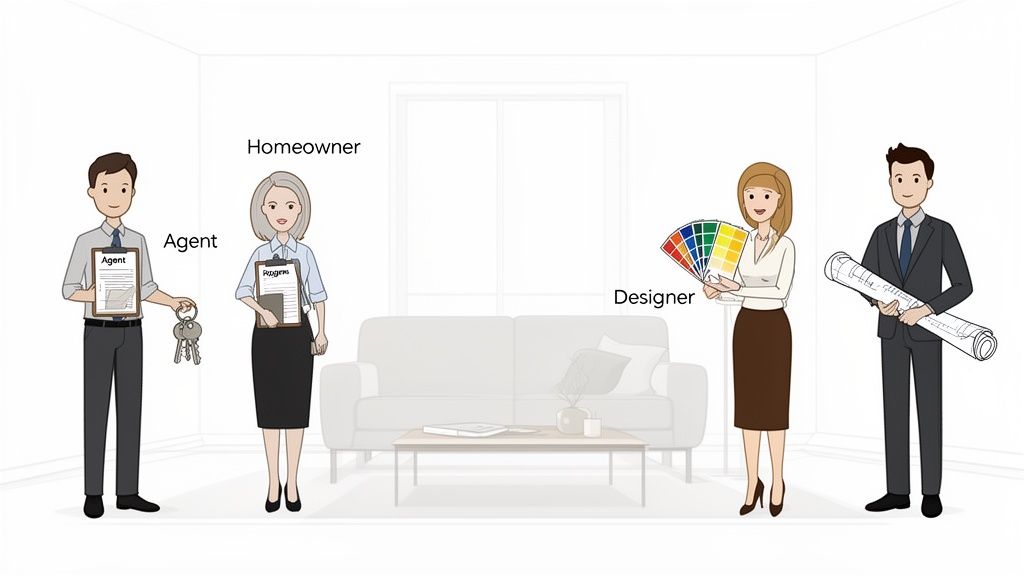 Four professionals including a real estate agent, homeowner, designer, and architect, in a home setting.