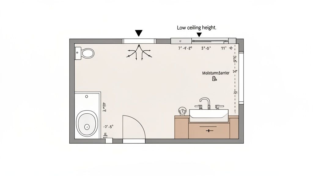 Top-down floor plan of a basement bathroom showing toilet, bathtub, vanity, and door placement.