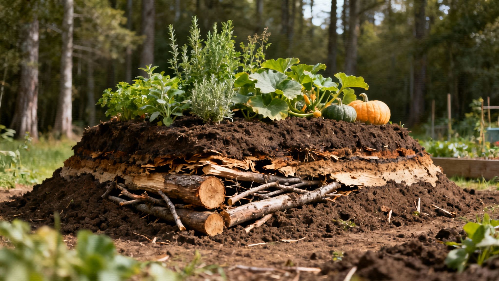 A hugelkultur raised garden bed with visible layers of logs, branches, soil, and thriving plants like herbs, squash, and pumpkins.