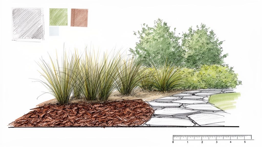 A hand-drawn landscape design sketch showcasing ornamental grasses, mulch, a stone path, and green shrubs.