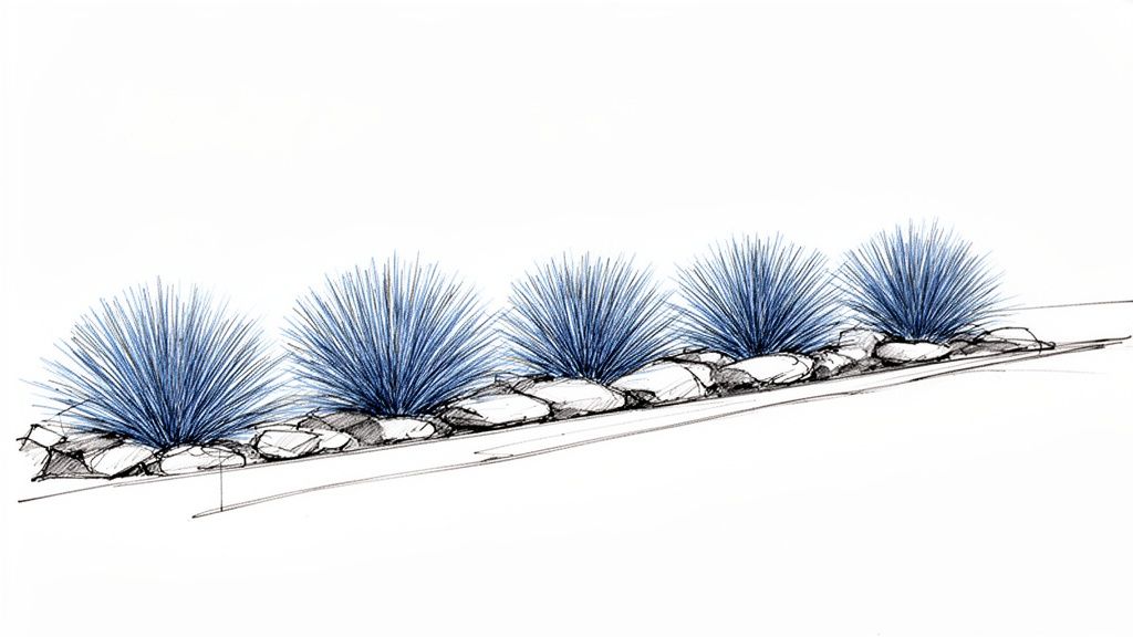 Sketch of drought-tolerant blue spiky plants and white rocks in a neatly arranged landscaped bed.