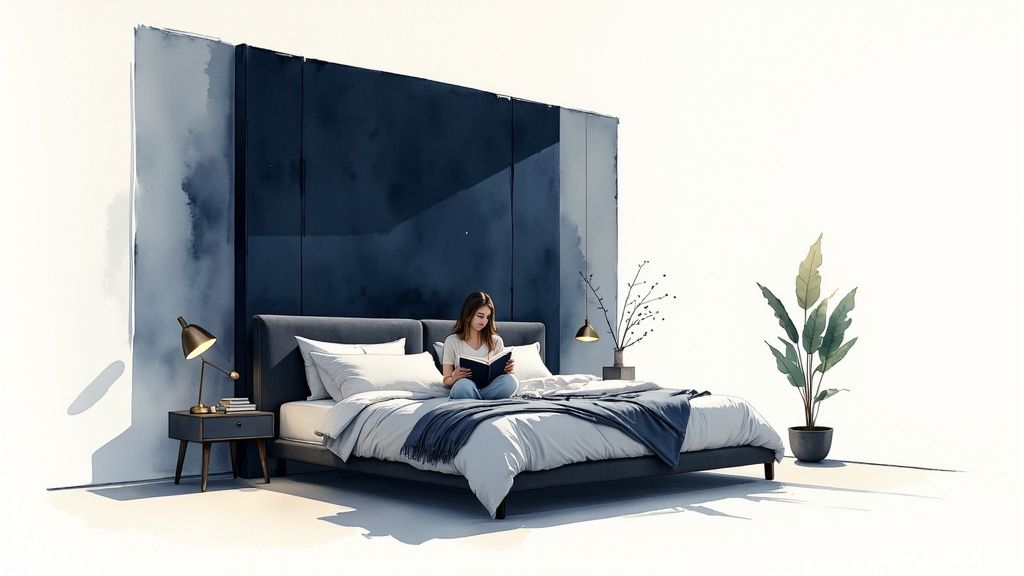 A modern bedroom with a dark blue accent wall, featuring a woman reading on a bed.