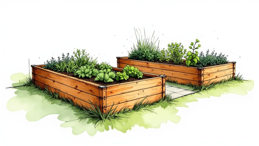 Watercolor sketch of two wooden raised garden beds filled with various green plants.