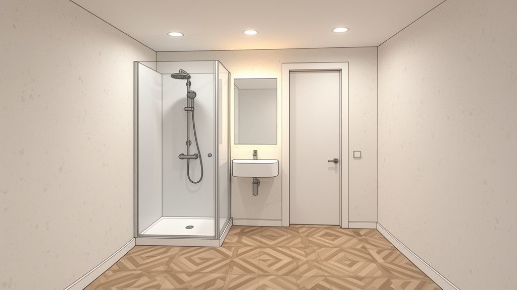 A clean, modern bathroom with a glass shower enclosure, wall-mounted sink, and wooden floor.