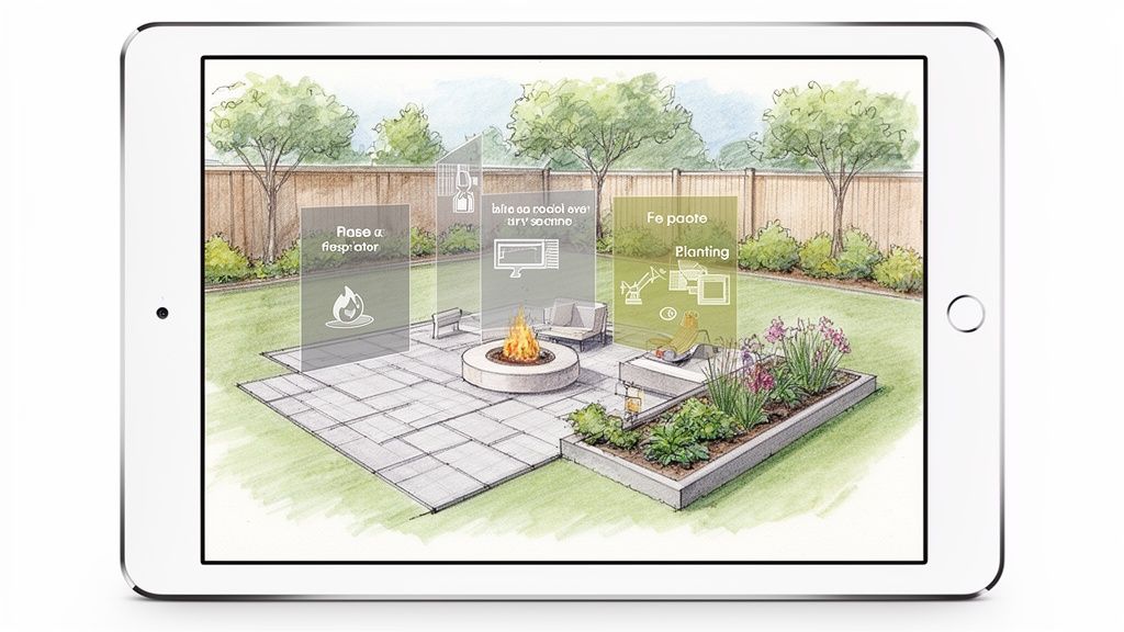 Tablet displaying a DIY backyard landscaping design sketch with patio, fire pit, and garden features.