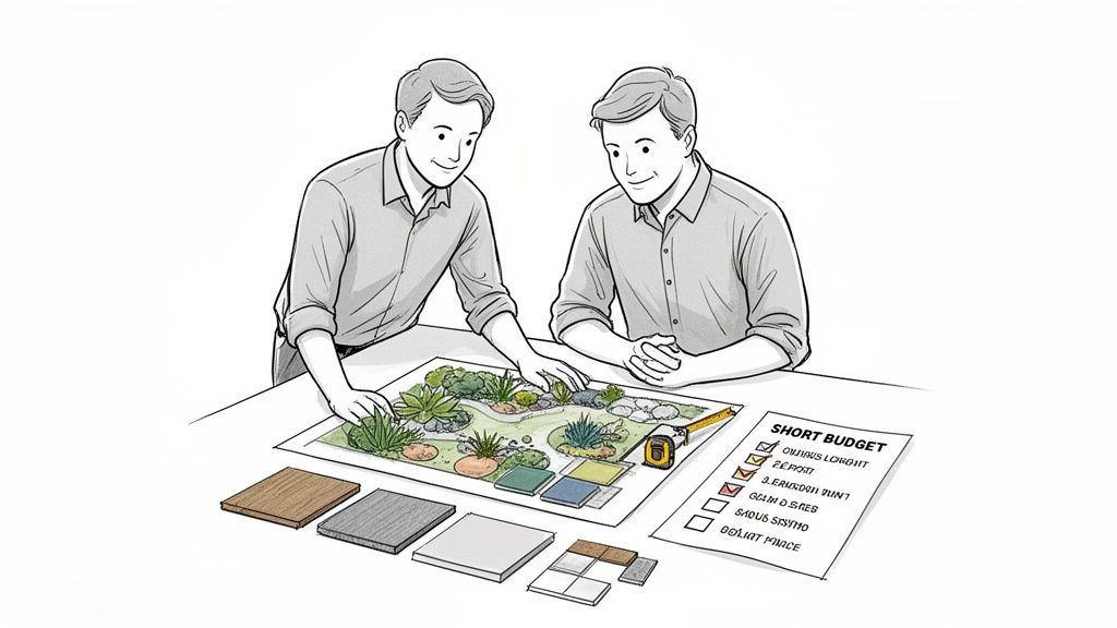 Two men reviewing a detailed landscape design plan with material samples and a short budget checklist.