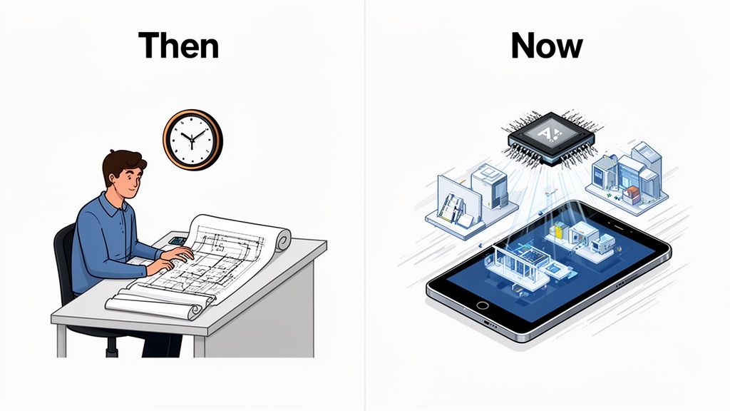 A split image showing architectural design then and now. Then, a person drafts blueprints by hand. Now, AI chips power digital building models on a smartphone.