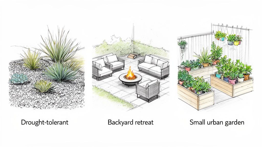 Three distinct landscape designs: a drought-tolerant garden, a backyard retreat, and a small urban garden.