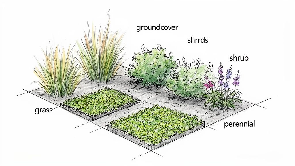 Diagram illustrating different landscaping plant types: ornamental grass, groundcover, shrubs, and flowering perennials.
