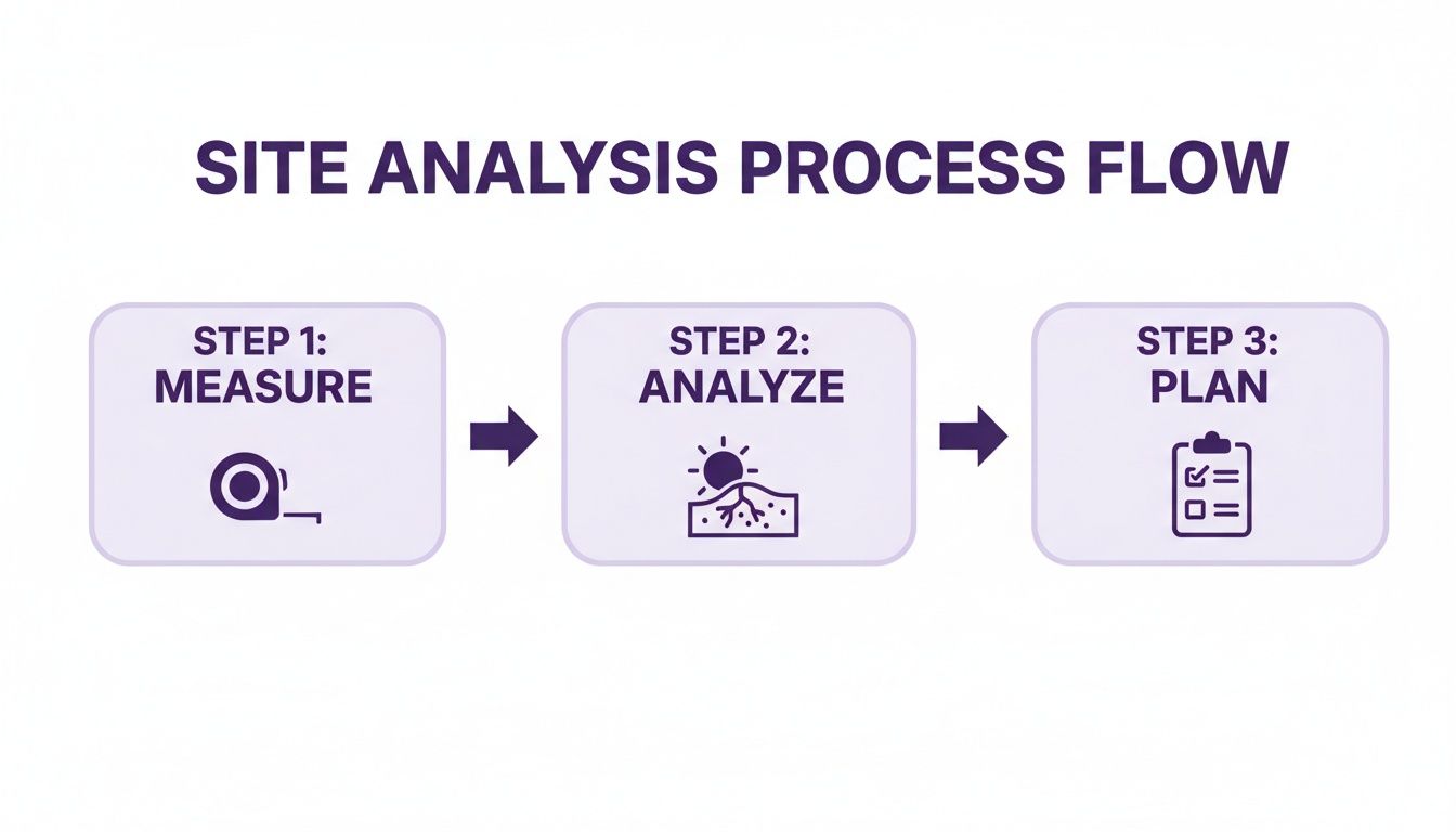 Flowchart illustrating the three steps of site analysis: measure, analyze, and plan with icons.