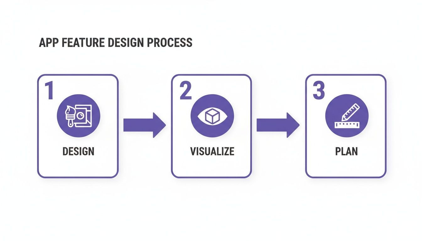 A three-step app feature design process diagram showing steps: Design, Visualize, and Plan.