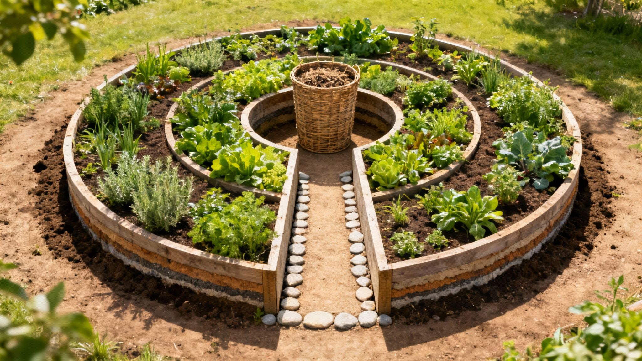 A beautifully designed circular raised garden bed with various herbs and vegetables, a central compost bin, and a stone path.
