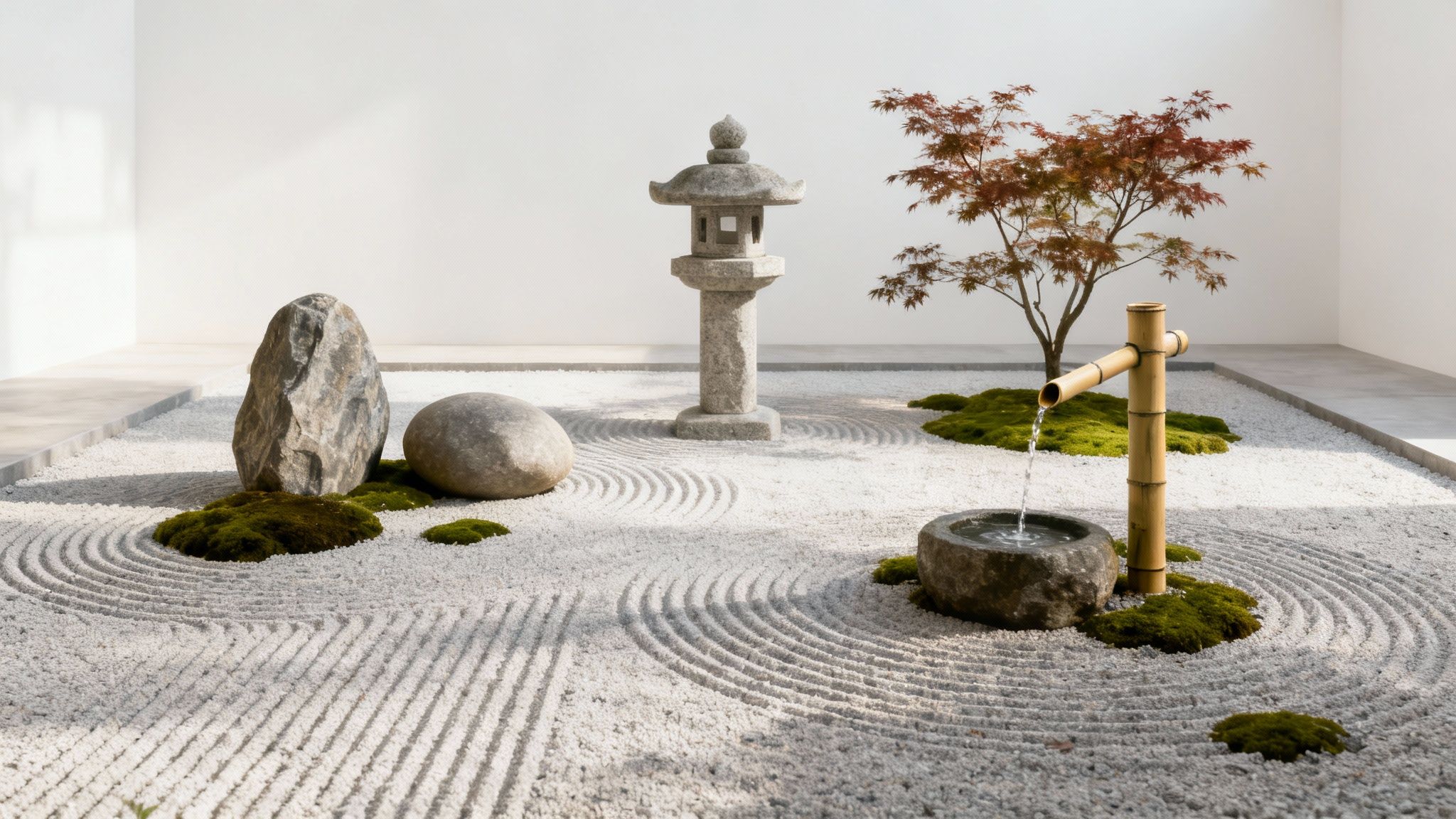 A peaceful Japanese Zen garden featuring raked gravel, a stone lantern, bamboo water spout, and maple tree.