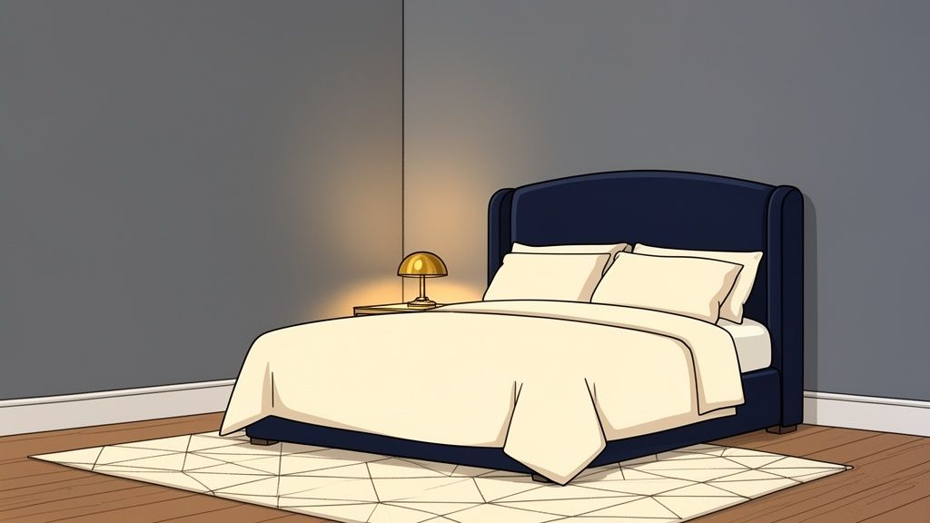 A minimalist bedroom featuring gray walls, a dark blue bed with cream bedding, and a gold bedside lamp.