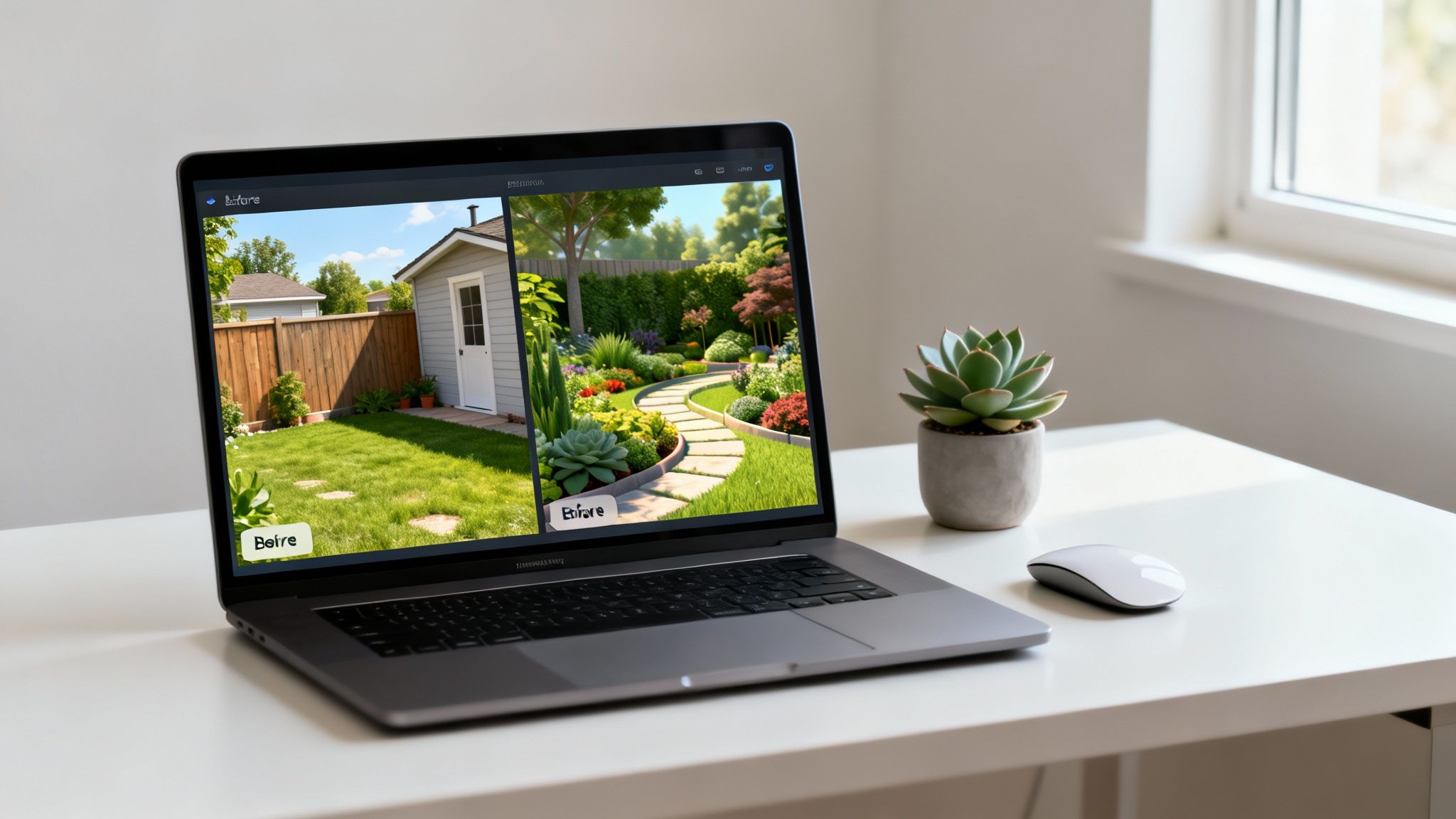 Laptop displaying a before and after garden design with a winding path and various plants.